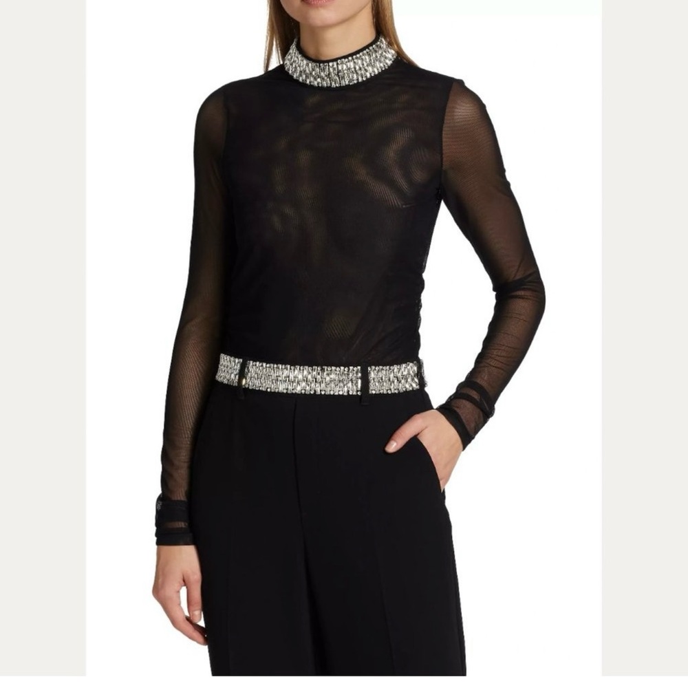 Cinq à Sept - STACKED JEWELRY NECKLACE SHIRRED MESH TURTLENECK - Size M